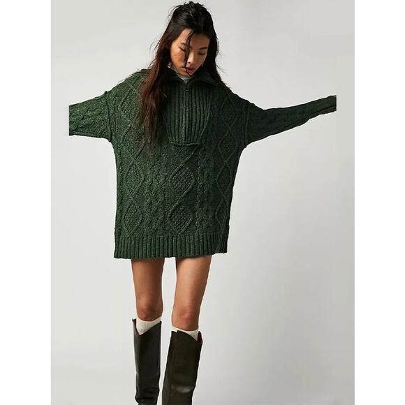 New FREE PEOPLE Driftwood Cable Polo SWEATER $168 SMALL Quarter Zip Green - Picture 2 of 8